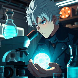 A captivating scene depicting Satoru Gojo, the powerful character from anime, observing a glowing cell under a microscope