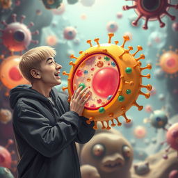 A surreal and imaginative scene featuring Eminem, a famous rapper with distinctive blonde hair and a casual outfit, enthusiastically greeting a large, colorful cell membrane