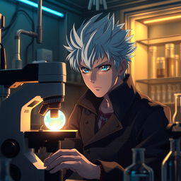 A captivating scene depicting Satoru Gojo, the powerful character from anime, observing a glowing cell under a microscope