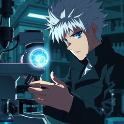 A captivating scene depicting Satoru Gojo, the powerful character from anime, observing a glowing cell under a microscope