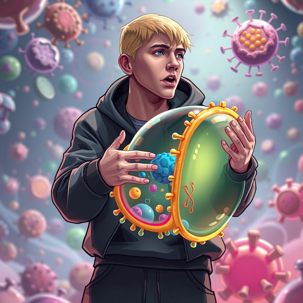 A surreal and imaginative scene featuring Eminem, a famous rapper with distinctive blonde hair and a casual outfit, enthusiastically greeting a large, colorful cell membrane