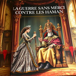 A striking book cover illustrating a dramatic scene where a commanding queen gracefully accepts the royal cane from a wise king seated on a grand, elaborately designed throne