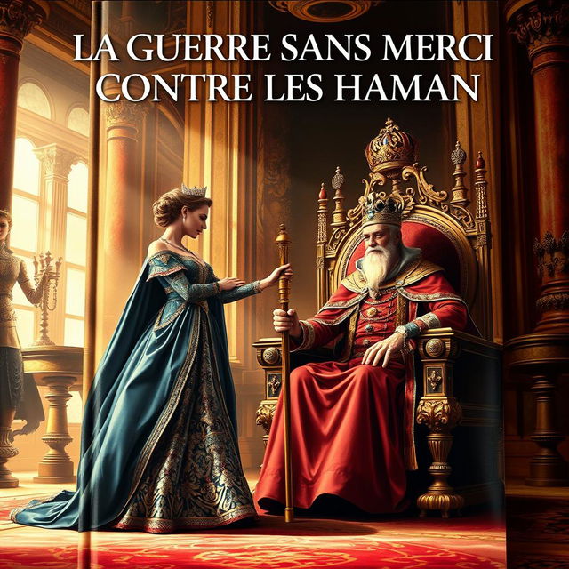 A striking book cover illustrating a dramatic scene where a commanding queen gracefully accepts the royal cane from a wise king seated on a grand, elaborately designed throne