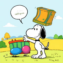 A cartoon-style illustration featuring Snoopy, the iconic beagle from the Peanuts comic strip, pointing excitedly at a colorful and detailed cellular membrane