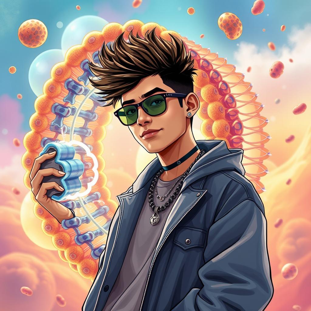 A surreal and scientific illustration depicting Natanael Cano, a young Mexican musician known for his unique style and charm, alongside a detailed representation of a cell membrane