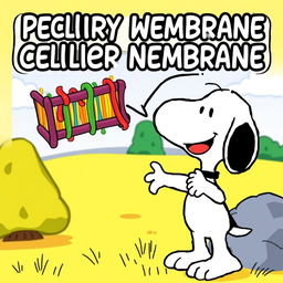 A cartoon-style illustration featuring Snoopy, the iconic beagle from the Peanuts comic strip, pointing excitedly at a colorful and detailed cellular membrane