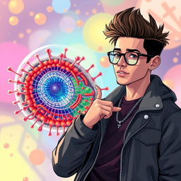 A surreal and scientific illustration depicting Natanael Cano, a young Mexican musician known for his unique style and charm, alongside a detailed representation of a cell membrane