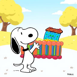 A cartoon-style illustration featuring Snoopy, the iconic beagle from the Peanuts comic strip, pointing excitedly at a colorful and detailed cellular membrane