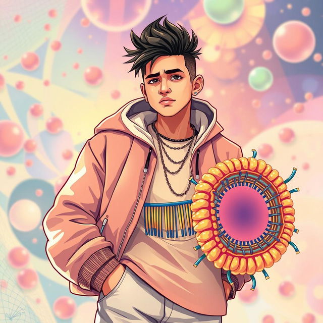 A surreal and scientific illustration depicting Natanael Cano, a young Mexican musician known for his unique style and charm, alongside a detailed representation of a cell membrane