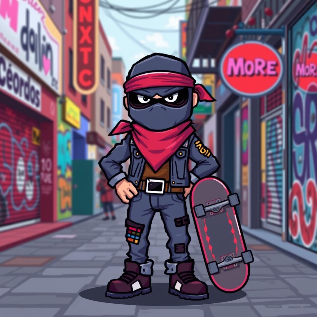 A pixel character designed in a 40 by 24 pixel style, resembling a retro 90s bandit