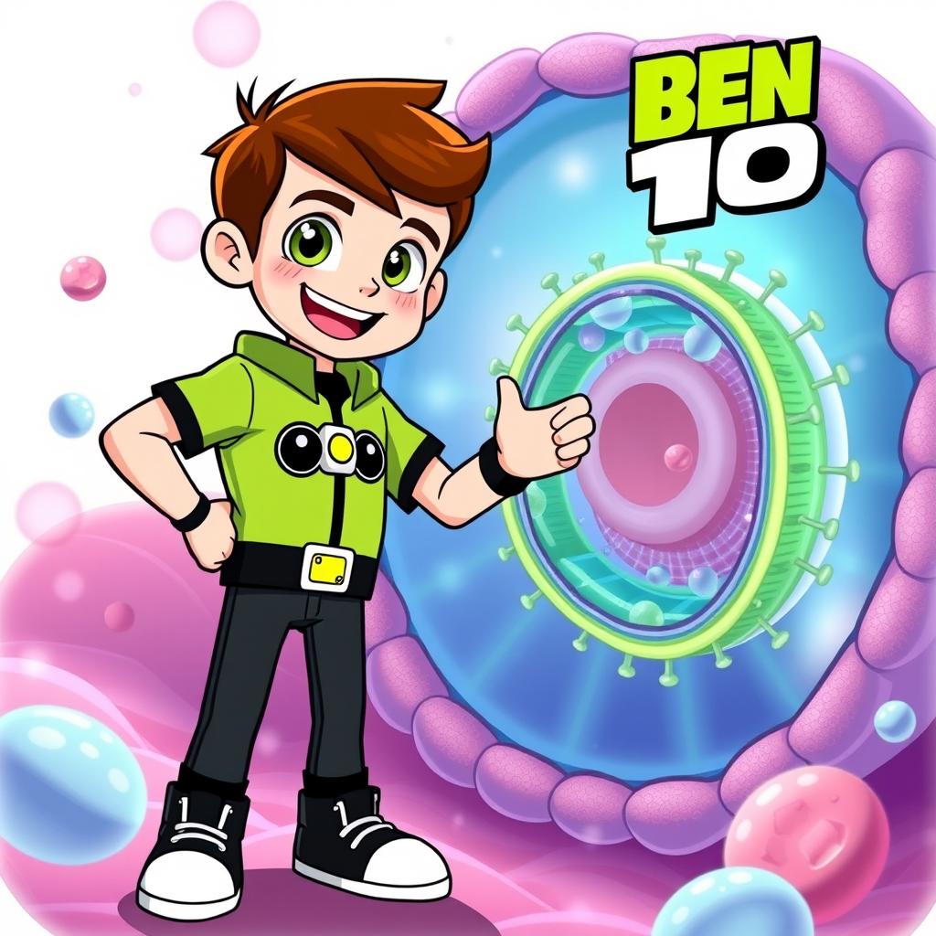 A vibrant illustration of Ben 10, the popular animated character, cheerfully greeting a human cell membrane