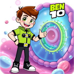 A vibrant illustration of Ben 10, the popular animated character, cheerfully greeting a human cell membrane