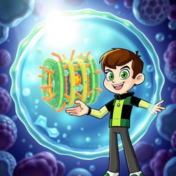 A vibrant illustration of Ben 10, the popular animated character, cheerfully greeting a human cell membrane