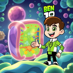 A vibrant illustration of Ben 10, the popular animated character, cheerfully greeting a human cell membrane