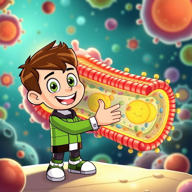 A vibrant illustration of Ben 10, the popular animated character, cheerfully greeting a human cell membrane