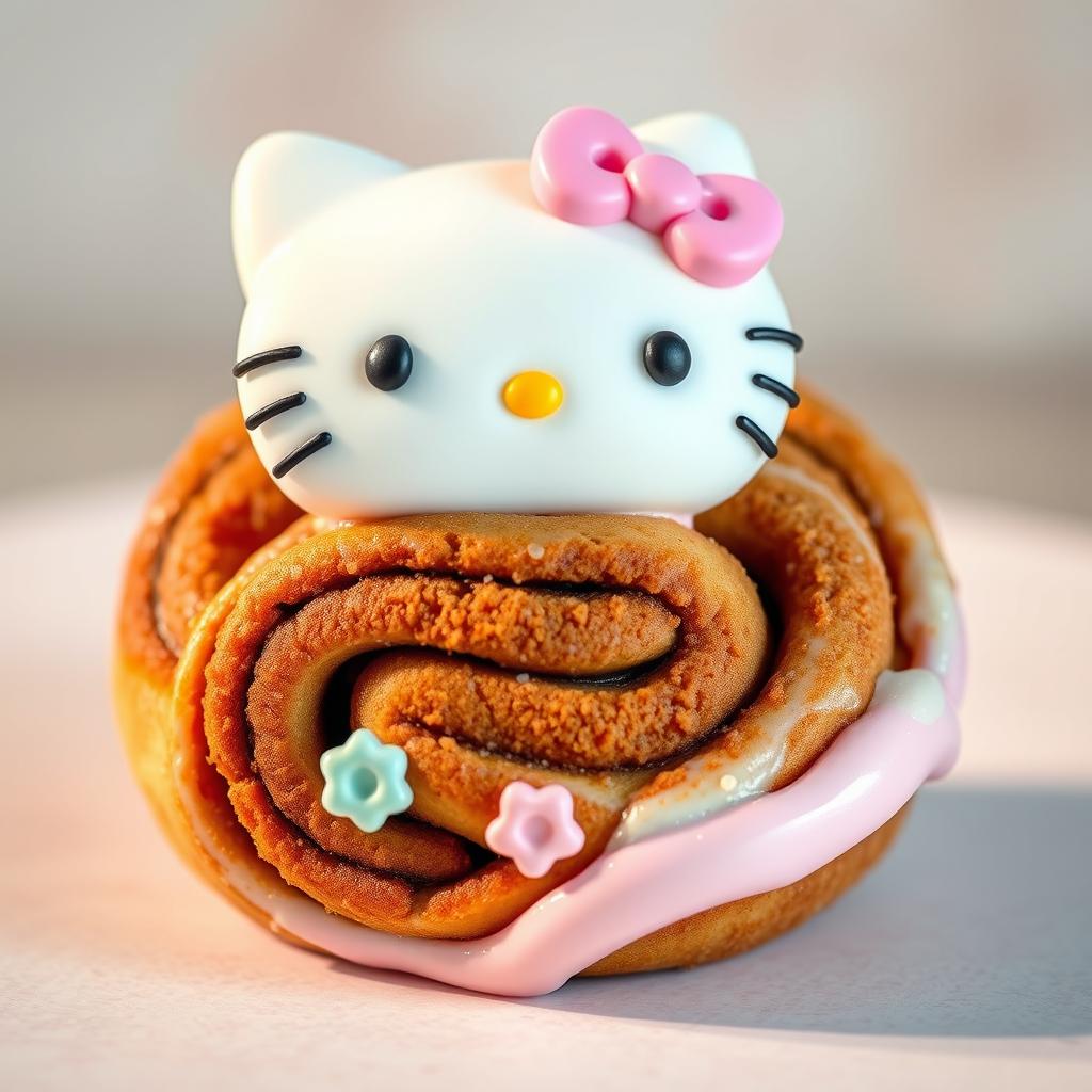 A cute Hello Kitty-themed cinnamon roll designed with the iconic features of Hello Kitty, such as her face and bow, intricately decorated on top of the roll