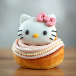 A cute Hello Kitty-themed cinnamon roll designed with the iconic features of Hello Kitty, such as her face and bow, intricately decorated on top of the roll