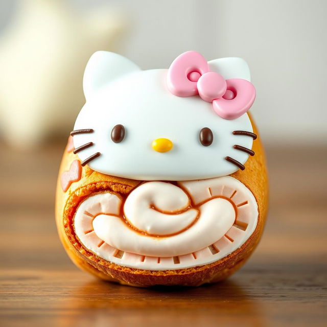 A cute Hello Kitty-themed cinnamon roll designed with the iconic features of Hello Kitty, such as her face and bow, intricately decorated on top of the roll