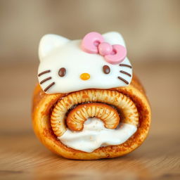 A cute Hello Kitty-themed cinnamon roll designed with the iconic features of Hello Kitty, such as her face and bow, intricately decorated on top of the roll