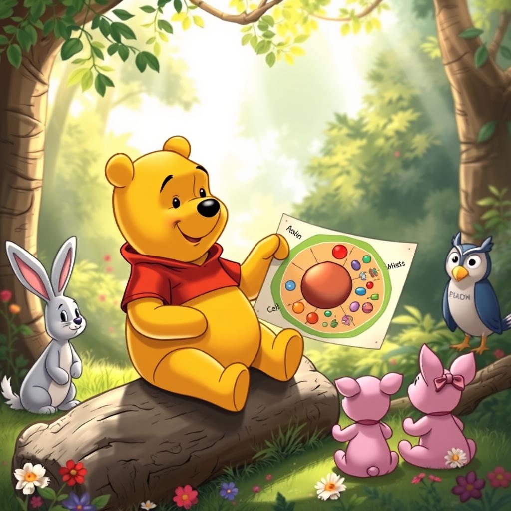 Winnie the Pooh sitting on a log in a sunny forest, explaining what a cell is to a group of curious animal friends like Rabbit, Piglet, and Owl