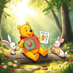 Winnie the Pooh sitting on a log in a sunny forest, explaining what a cell is to a group of curious animal friends like Rabbit, Piglet, and Owl