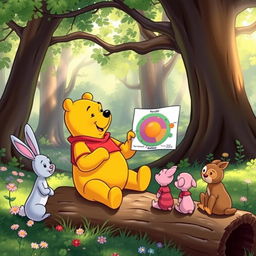 Winnie the Pooh sitting on a log in a sunny forest, explaining what a cell is to a group of curious animal friends like Rabbit, Piglet, and Owl