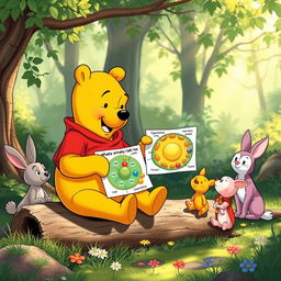 Winnie the Pooh sitting on a log in a sunny forest, explaining what a cell is to a group of curious animal friends like Rabbit, Piglet, and Owl