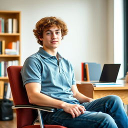 A male student with curly brown hair, wearing a gray polo shirt and denim jeans, sitting comfortably in a chair