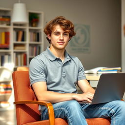 A male student with curly brown hair, wearing a gray polo shirt and denim jeans, sitting comfortably in a chair