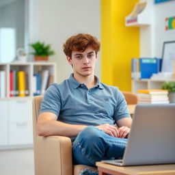 A male student with curly brown hair, wearing a gray polo shirt and denim jeans, sitting comfortably in a chair