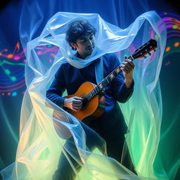 A captivating artistic portrayal of Gustavo Cerati, the iconic Argentine musician, enveloped in a translucent membrane that reflects various shades of blue and green