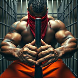 A close-up shot of a large muscular African American gang member in a prison cell