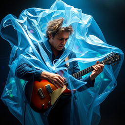 A captivating artistic portrayal of Gustavo Cerati, the iconic Argentine musician, enveloped in a translucent membrane that reflects various shades of blue and green