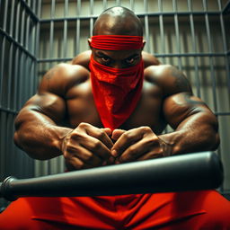 A close-up shot of a large muscular African American gang member in a prison cell