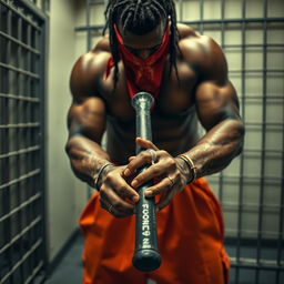 A close-up shot of a large muscular African American gang member in a prison cell