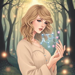 An ethereal illustration of Taylor Swift from her 'Evermore' era, gracefully holding an ATP (adenosine triphosphate) molecule