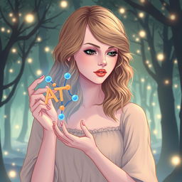 An ethereal illustration of Taylor Swift from her 'Evermore' era, gracefully holding an ATP (adenosine triphosphate) molecule