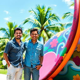 A vibrant scene featuring the Polinesian brothers standing side by side next to a large, colorful membrane