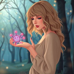 An ethereal illustration of Taylor Swift from her 'Evermore' era, gracefully holding an ATP (adenosine triphosphate) molecule