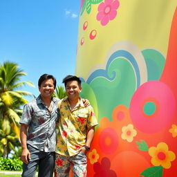 A vibrant scene featuring the Polinesian brothers standing side by side next to a large, colorful membrane