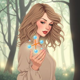 An ethereal illustration of Taylor Swift from her 'Evermore' era, gracefully holding an ATP (adenosine triphosphate) molecule