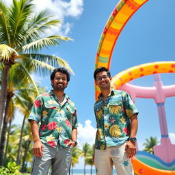 A vibrant scene featuring the Polinesian brothers standing side by side next to a large, colorful membrane