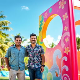 A vibrant scene featuring the Polinesian brothers standing side by side next to a large, colorful membrane