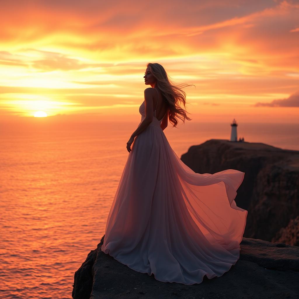 A beautiful, elegant woman in a flowing, ethereal gown, standing on the edge of a cliff overlooking a vast ocean at sunset