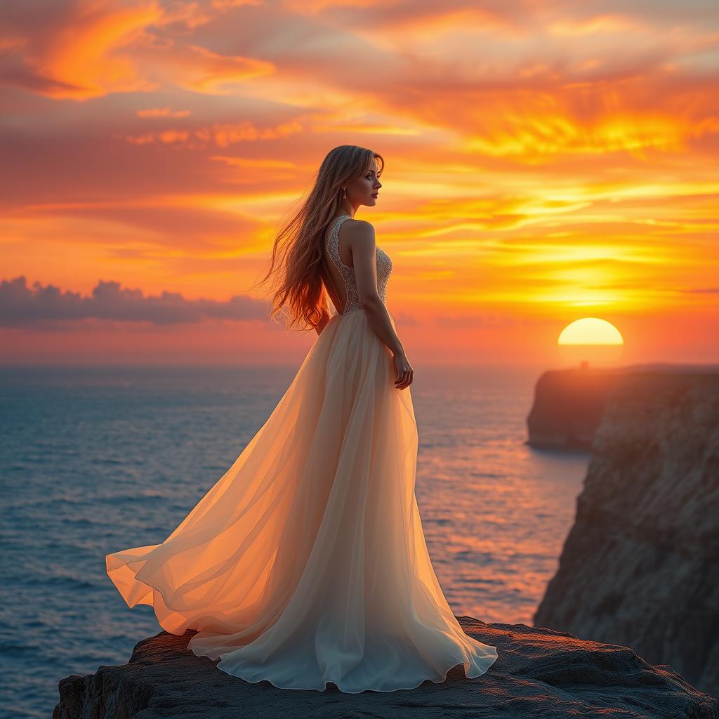 A beautiful, elegant woman in a flowing, ethereal gown, standing on the edge of a cliff overlooking a vast ocean at sunset