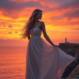 A beautiful, elegant woman in a flowing, ethereal gown, standing on the edge of a cliff overlooking a vast ocean at sunset