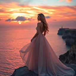 A beautiful, elegant woman in a flowing, ethereal gown, standing on the edge of a cliff overlooking a vast ocean at sunset