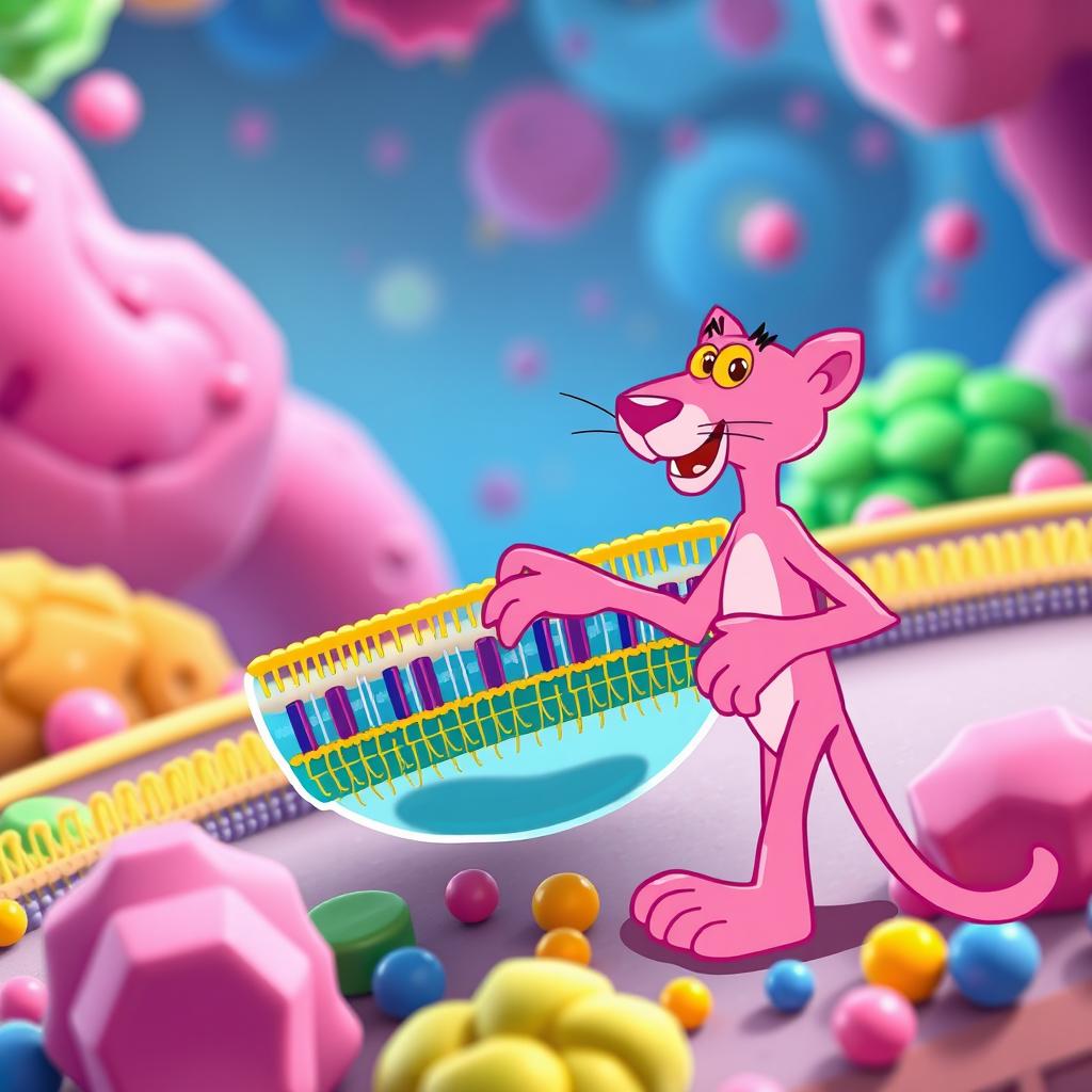 An imaginative depiction of a cellular membrane featuring the pink panther character