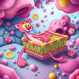 An imaginative depiction of a cellular membrane featuring the pink panther character