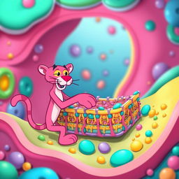 An imaginative depiction of a cellular membrane featuring the pink panther character